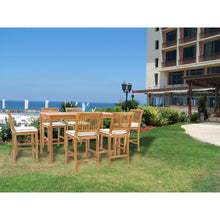 7 Piece Teak Wood Castle 71" Rectangular Large Bistro Bar Set including 6 Barstools