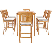 7 Piece Teak Wood Castle 71" Rectangular Large Bistro Bar Set including 6 Barstools