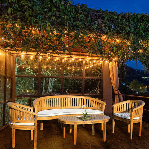 4 Piece Teak Wood Peanut Patio Lounge Set, Triple Bench, 2 Chairs & Coffee Table