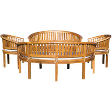 Teak Wood Peanut 5 Piece Patio Lounge Set, Double Bench, Triple Bench, 2 Chairs & Coffee Table - Chic Teak