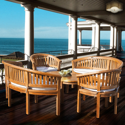 5 Piece Teak Wood Peanut Patio Lounge Set, Double Bench, Triple Bench, 2 Chairs & Coffee Table