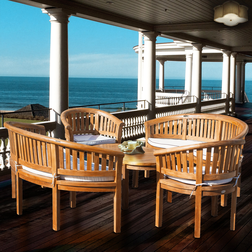 5 Piece Teak Wood Peanut Patio Lounge Set, Double Bench, Triple Bench, 2 Chairs & Coffee Table