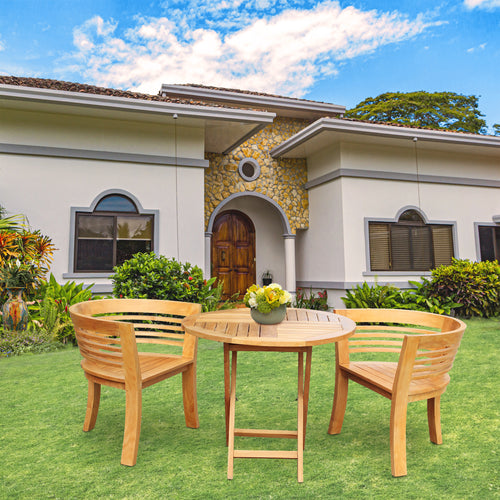 3 Piece Teak Wood California Half Moon Patio Dining Set, 2 Chairs and 36