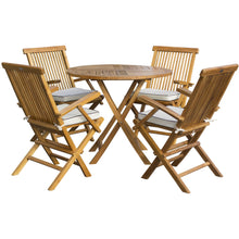 5 Piece Teak Wood California Dining Set with 47" Round Folding Table and 4 Folding Arm Chairs and Cushions - Chic Teak