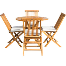 5 Piece Teak Wood California Dining Set with 47" Round Folding Table and 4 Folding Side Chairs and Cushions - Chic Teak