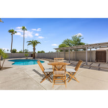 5 Piece Teak Wood California Dining Set with 47" Round Folding Table and 4 Folding Side Chairs and Cushions - Chic Teak