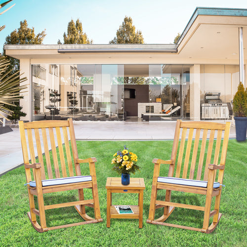 3 Piece Teak Wood Santiago Patio Lounge Set with 2 Rocking Chairs and Side Table