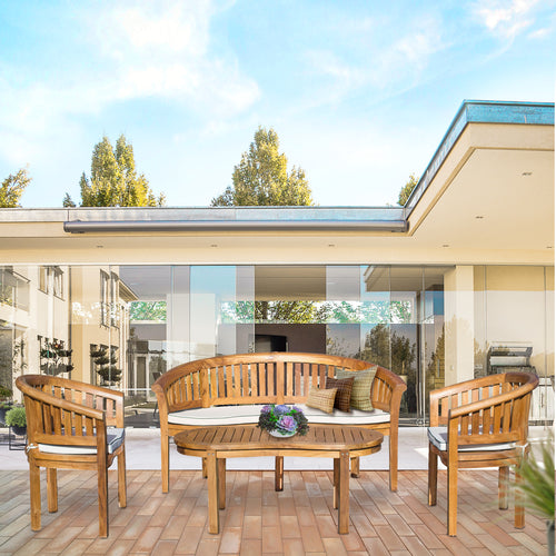 Teak Wood Peanut 4 Piece Patio Lounge Set, 2 Chairs, Double Bench & Coffee Table