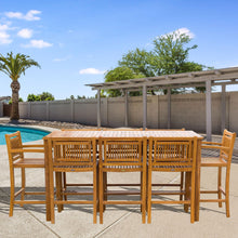 9 Piece Teak Wood Maldives Patio Bistro Bar Set, 71" Bar Table, 2 Barstools with Arms and 6 Armless Barstools