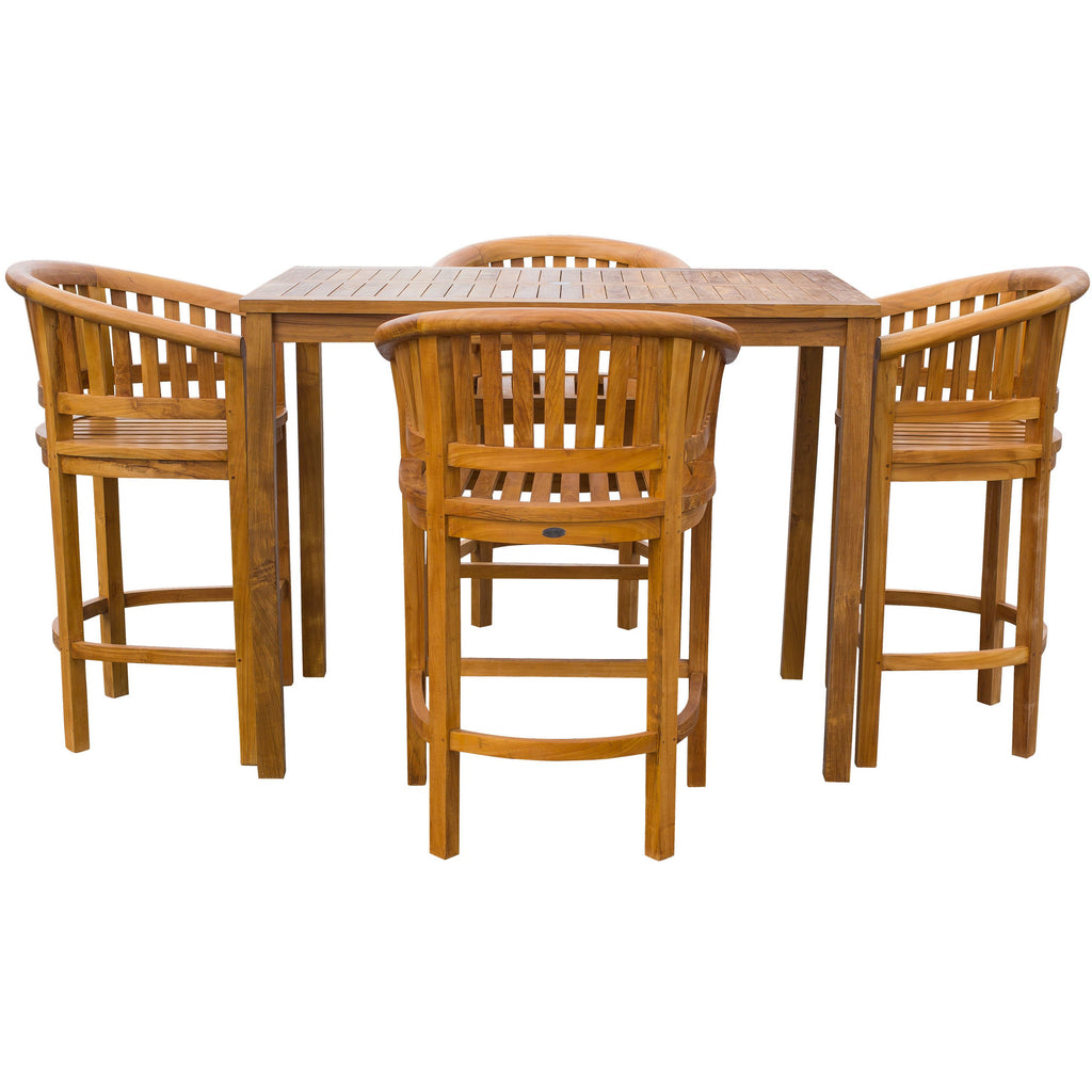 5 Piece Teak Wood Peanut Patio Bistro Bar Set with 4 Bar Chairs and 55