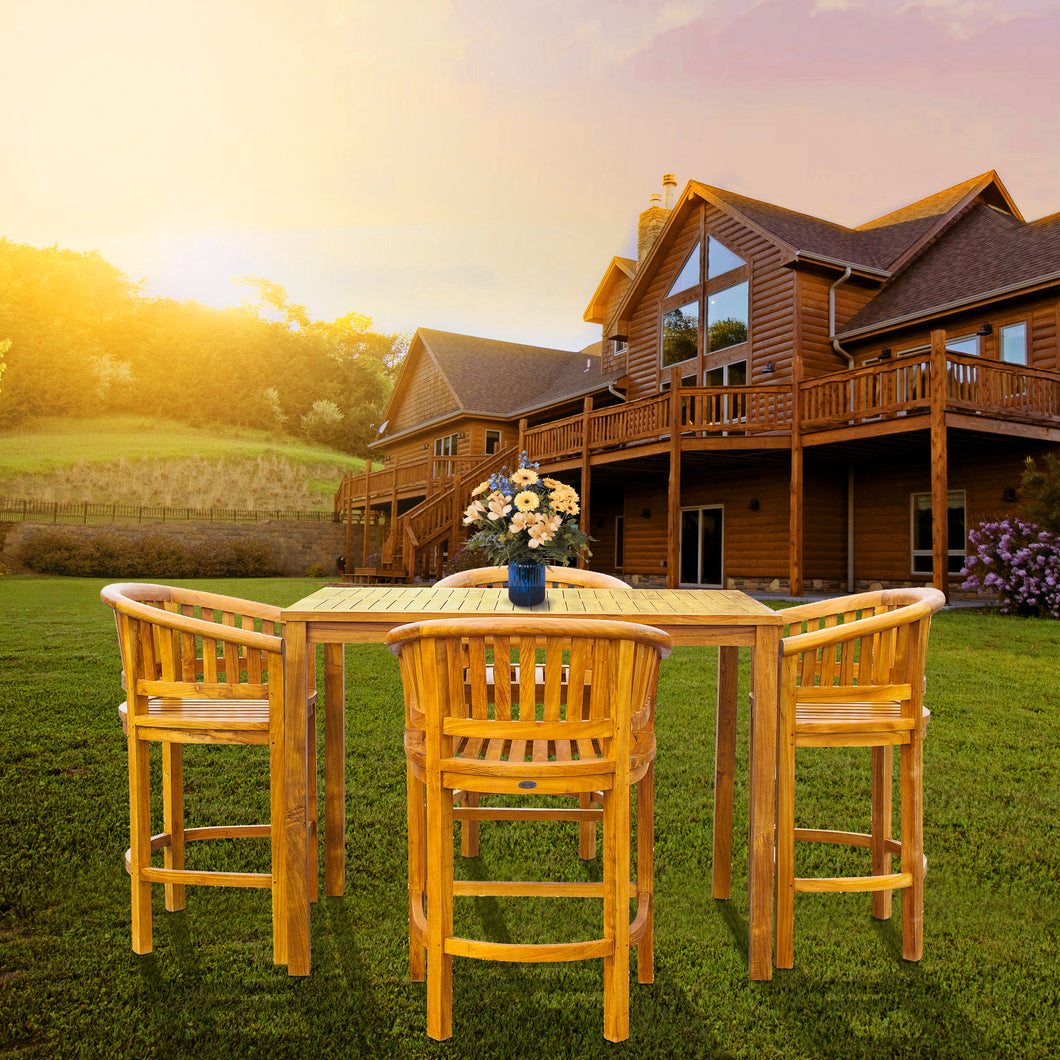 5 Piece Teak Wood Peanut Patio Bistro Bar Set with 4 Bar Chairs and 55