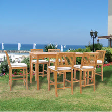 7 Piece Teak Wood Castle 71" Rectangular Large Bistro Bar Set including 6 Barstools