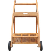 Teak Wood Serving Trolley with Serving Tray, Bottle Holders and Rubber Wheels - Chic Teak