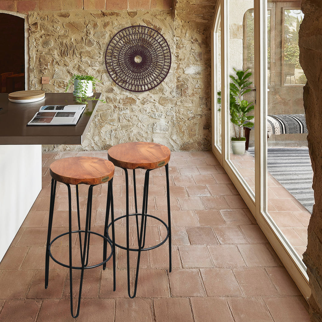 Teak Wood and Iron Round Bar Stool