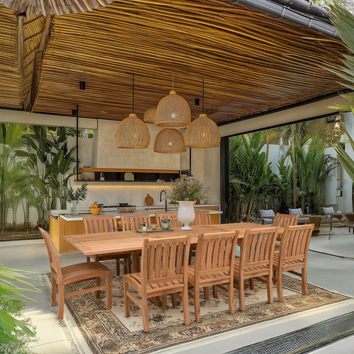 11 Piece Teak Wood Dining Set including Rectangular Double Extension Table with 10 Abaco Side Chairs