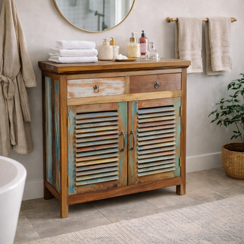 Marina Del Rey Recycled Teak Wood Louvered Linen Cabinet with 2 Doors and 2 Drawers