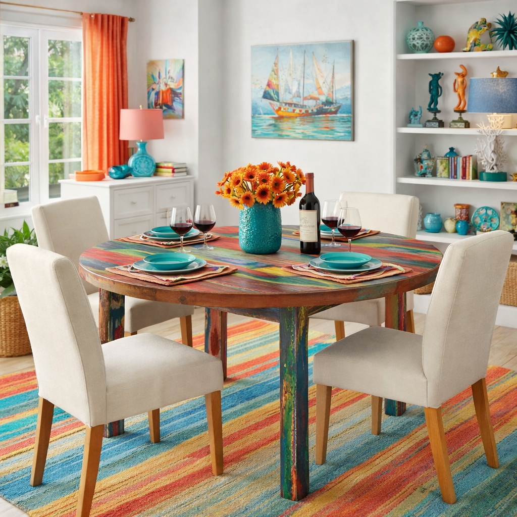 Marina del Rey Round Dining Table made from Recycled Teak Wood Boats, 63 inch