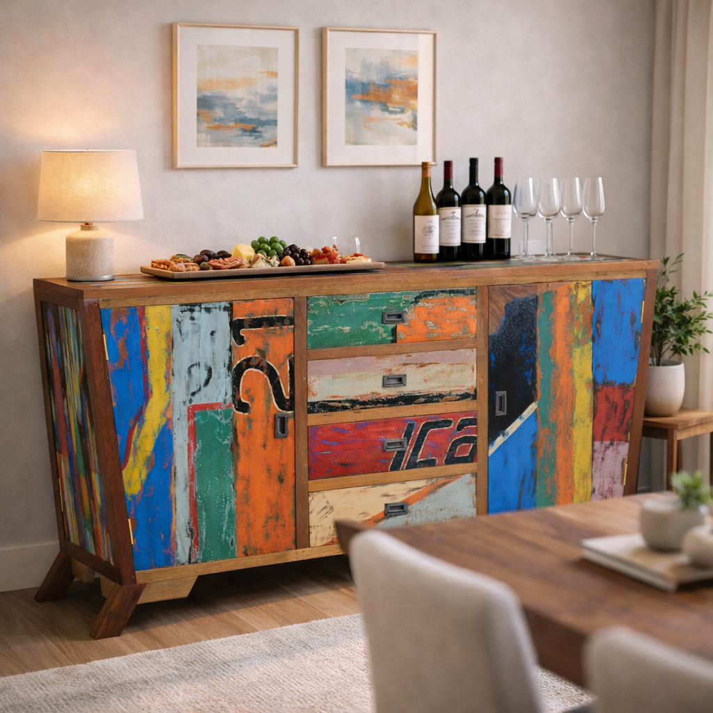 Marina del Rey Cone Shaped Buffet Made From Recycled Teak Wood Boats - 75W x 41H in.