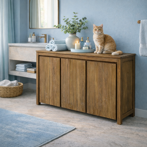 Recycled Teak Wood Valencia Bathroom Linen Cabinet with 3 Doors - Chic Teak