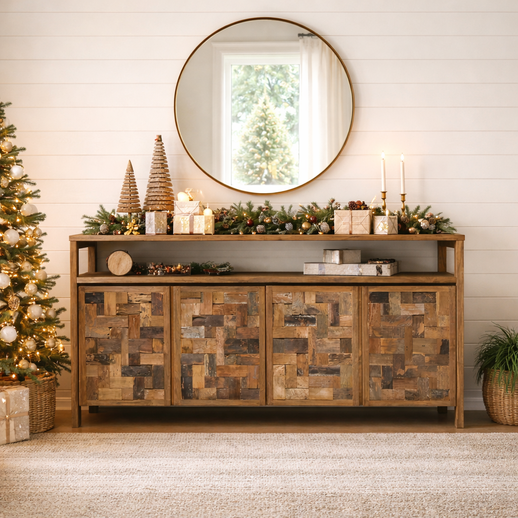 Recycled Teak Wood Mozaik Media Center / Buffet with 4 Wooden Doors