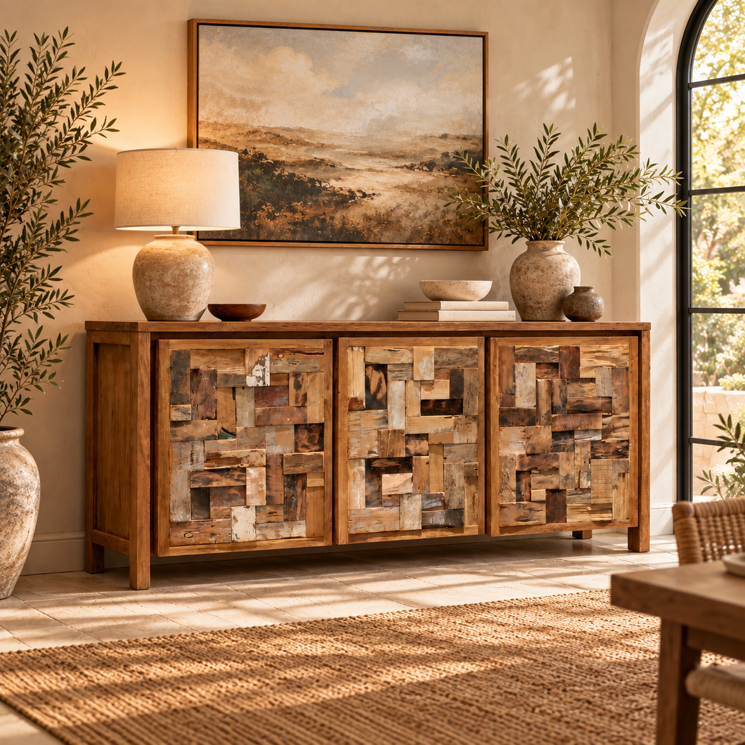 Recycled Teak Wood Mozaik Media Center / Chest with 3 Doors - Chic Teak