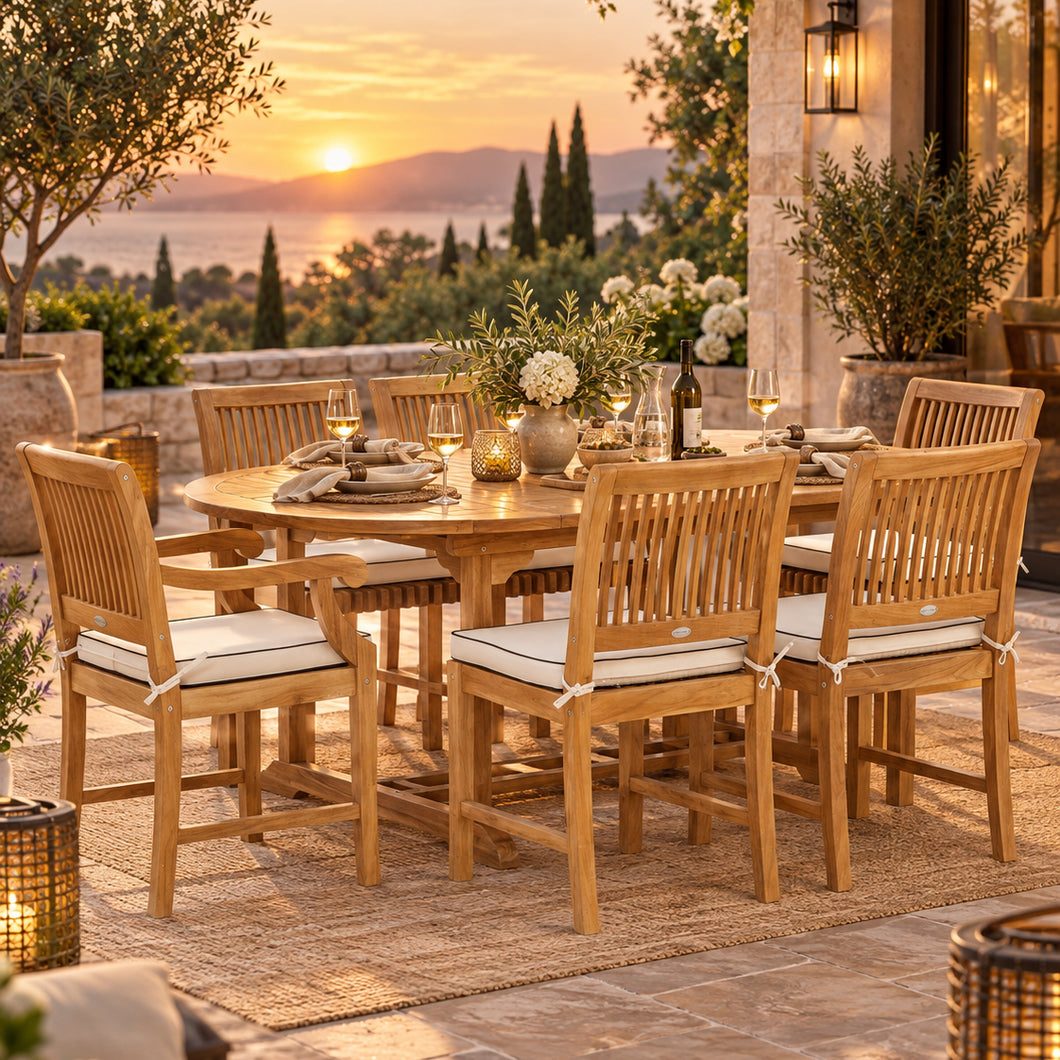 7 Piece Teak Wood Castle Patio Dining Set with Round to Oval Extension Table, 4 Side Chairs and 2 Arm Chairs - Chic Teak