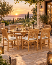 7 Piece Teak Wood Castle Patio Dining Set with Round to Oval Extension Table, 4 Side Chairs and 2 Arm Chairs - Chic Teak