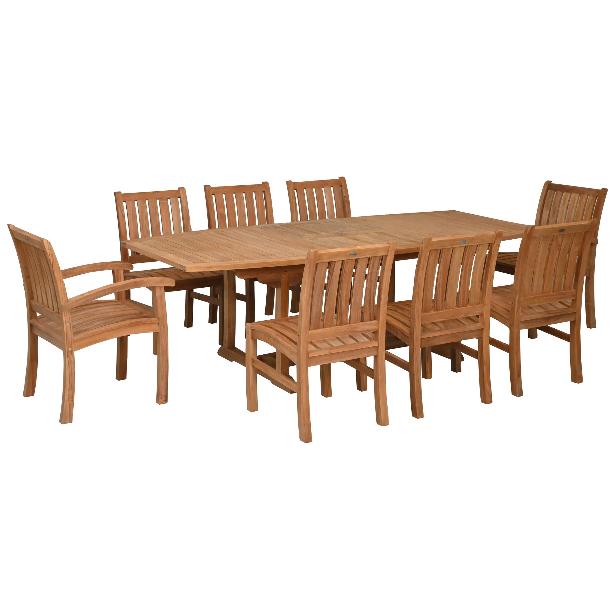 9 Piece Teak Wood Dining Set including Semi-Oval Extension Table with 2 ...