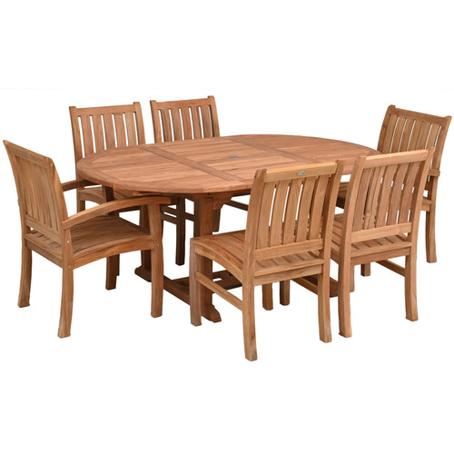 7 Piece Teak Wood Dining Set including Round to Oval Extension Table with 2 Abaco Arm and 4 Side Chairs