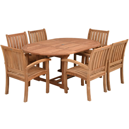 7 Piece Teak Wood Dining Set including Round to Oval Extension Table with 6 Abaco Arm Chairs