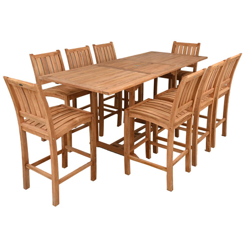 9 Piece Teak Wood Bar Set Including Rectangular Extension Bar Table and 8 Abaco Barstools