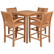 5 Piece Teak Wood Bar Set Including 35" Square Bistro Bar Table and 4 Abaco Barstools with Arms