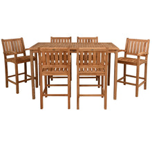 7 Piece Teak Wood Bistro Bar Set Including 71" Rectangular Table and 6 Abaco Barstools with Arms