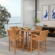 5 Piece Teak Wood Bistro Bar Set Including 55" Rectangular Hatteras Folding Table and 4 Abaco Barstools with Arms - Chic Teak