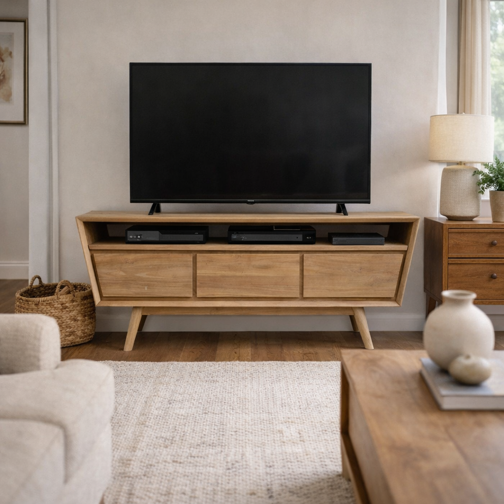 Recycled Teak Wood Retro Media Center with 3 Drawers