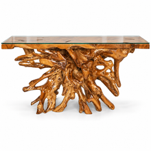 Teak Wood Root Console Table with Glass Top, 72 inches - Chic Teak