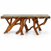 Teak Wood Root Console Table with Glass Top, 72 inches - Chic Teak