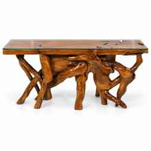 Teak Wood Root Console Table with Glass Top, 72 inches - Chic Teak