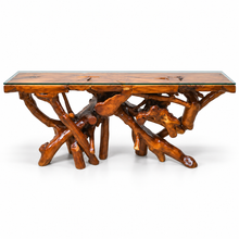 Teak Wood Root Console Table with Glass Top, 72 inches - Chic Teak