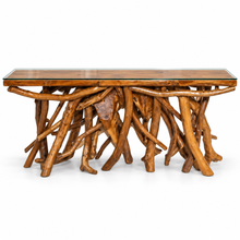 Teak Wood Root Console Table with Glass Top, 72 inches - Chic Teak