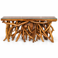 Teak Wood Root Console Table with Glass Top, 72 inches - Chic Teak