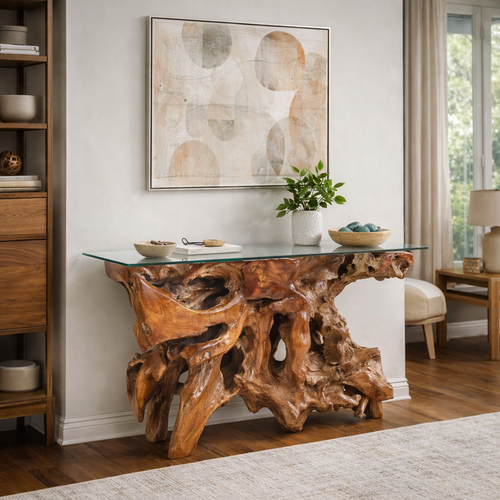 Teak Wood Root Console Table with Glass Top, 48 inches - Chic Teak
