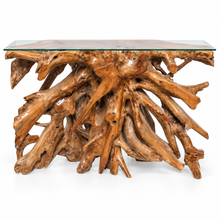 Teak Wood Root Console Table with Glass Top, 48 inches