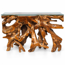 Teak Wood Root Console Table with Glass Top, 48 inches
