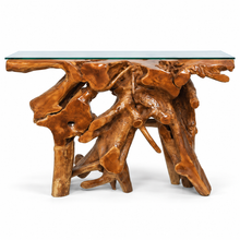Teak Wood Root Console Table with Glass Top, 48 inches