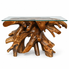 Teak Wood Root Console Table with Glass Top, 48 inches