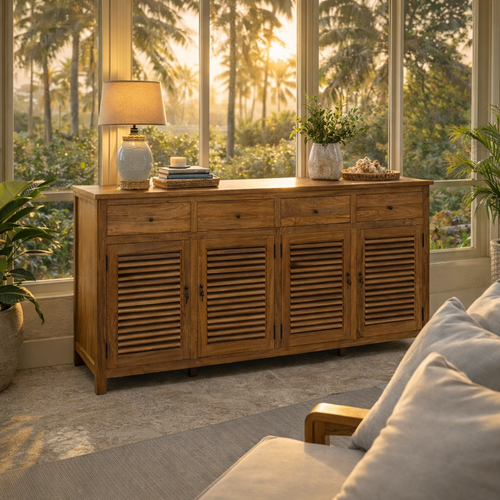 Recycled Teak Wood Louvre Cabinet with 4 Doors 4 Drawers - Chic Teak