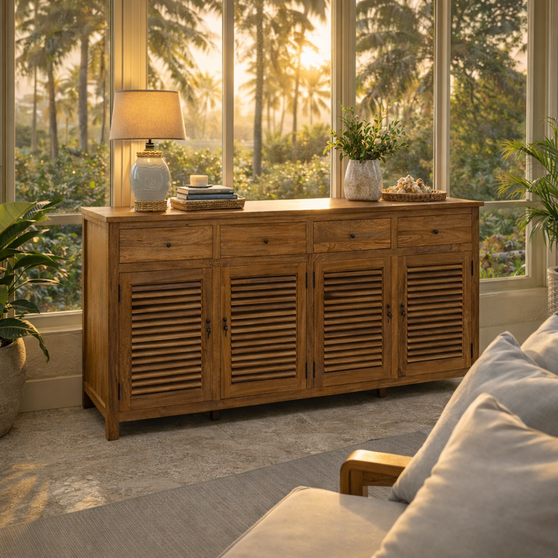 Recycled Teak Wood Louvre Cabinet with 4 Doors 4 Drawers by Chic
