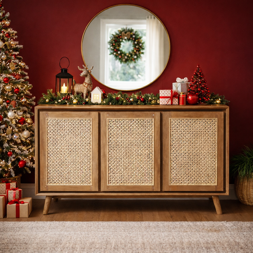 Recycled Teak Wood West Indies Rattan Chest with 3 Doors