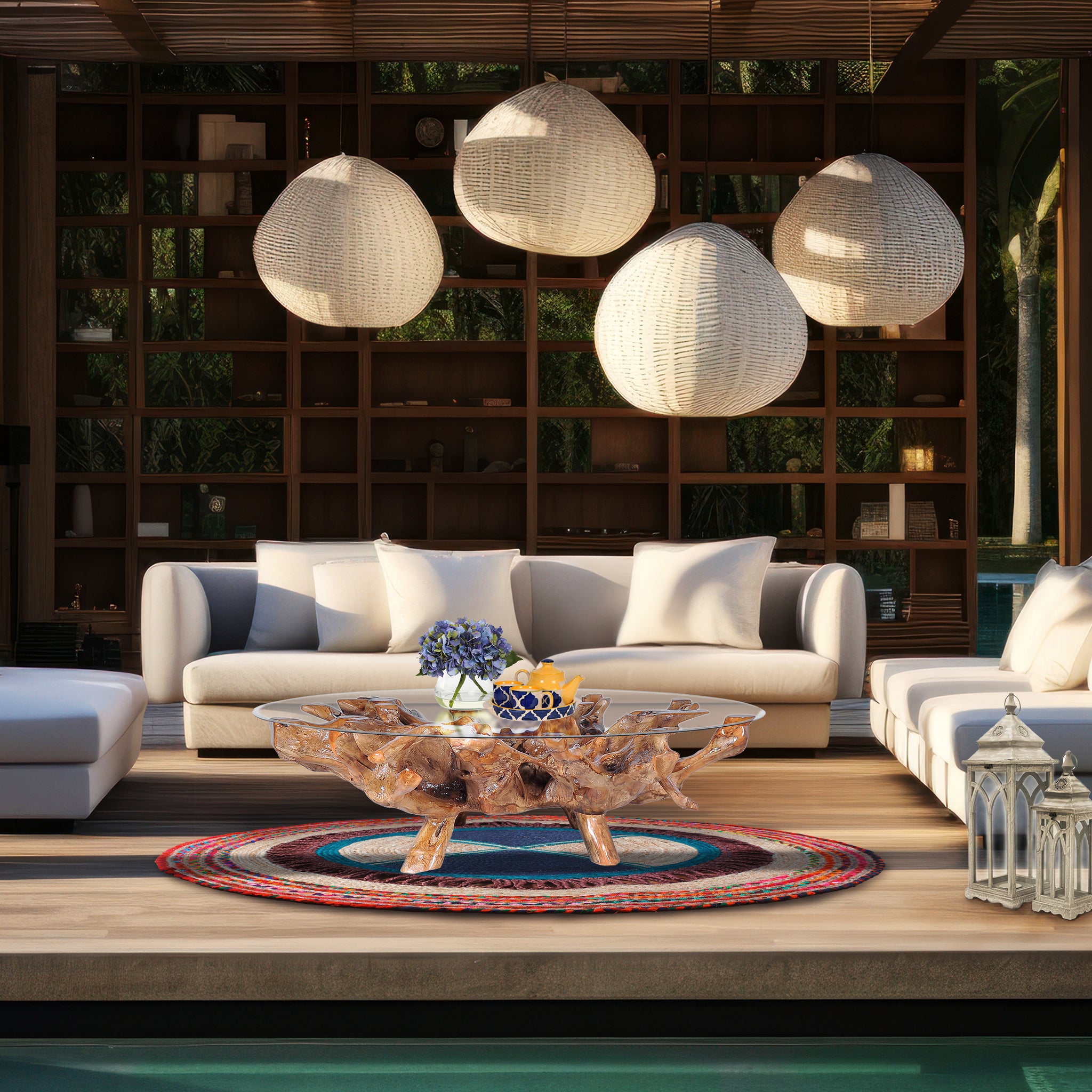 Teak Wood Root Coffee Table Including 55 Inch Round Glass Top by Chic ...